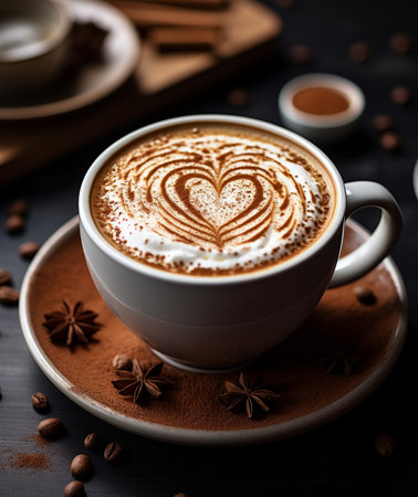 Cup of cappuccino with heart shape and cinnamon on dark backgroundの素材