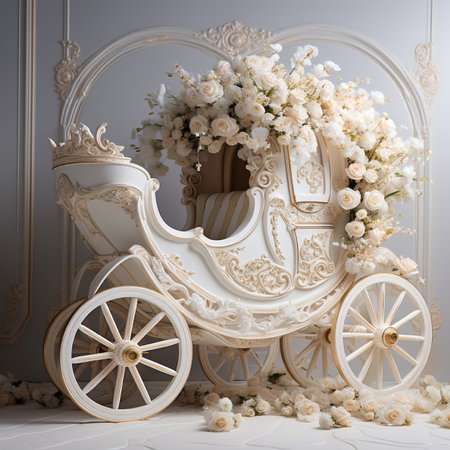 Wedding carriage decorated with white flowers. Luxury interior.の素材