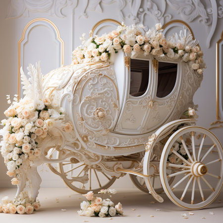 Wedding carriage decorated with white flowers. Luxury interior design.の素材