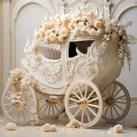 White vintage carriage with flowers on a white background. Wedding decoration.の素材