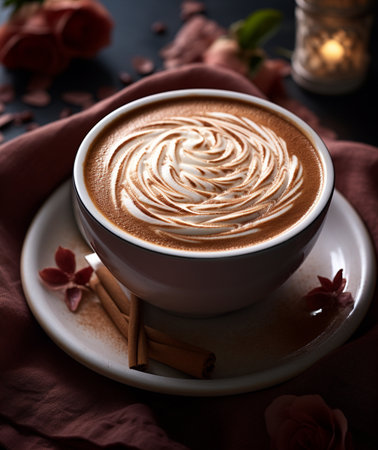 Cup of coffee latte art with cinnamon and rose on dark backgroundの素材
