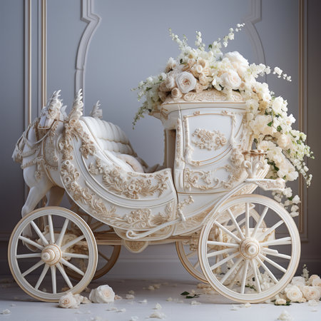 A detailed white carriage adorned with lush white roses and elegant greenery, perfect for a special occasion.の素材