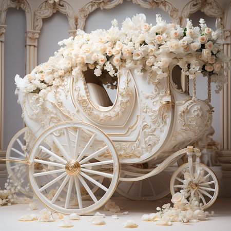 Carriage decorated with white flowers. Wedding decoration. Luxury interiorの素材