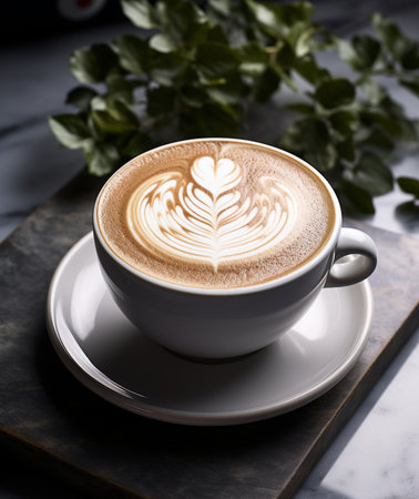 A cup of cappuccino with latte artle tableの素材