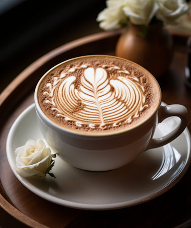 Coffee cup with latte art on wooden table in coffee shopの素材