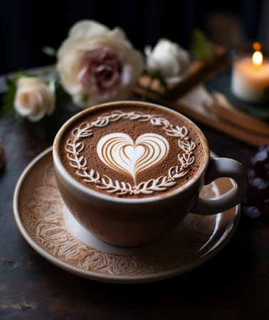 Cup of cappuccino with latte art on dark backgroundの素材