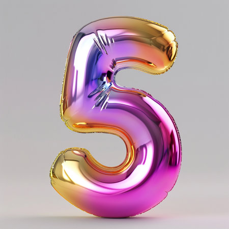 A shiny, chrome-finished balloon shaped like the number 5, displaying a beautiful iridescent gradient of pink, purple, and gold.の素材