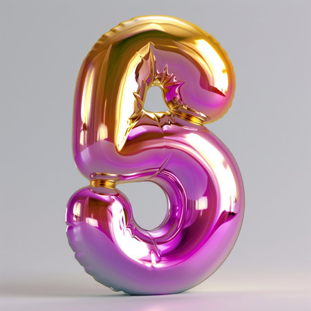 A shiny, metallic foil balloon shaped like the number 6, featuring an iridescent gradient from gold to pink. Ideal for celebrations and birthdays.の素材