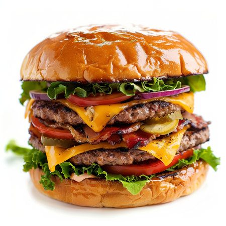 A tall, delicious triple cheeseburger with crispy bacon, fresh toppings, and a glossy brioche bun, isolated on a white background. Perfect for food advertising.の素材