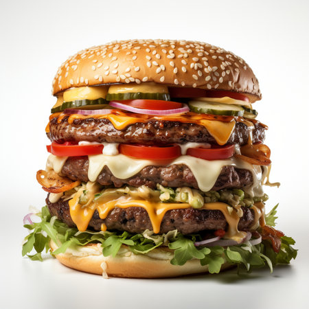 A massive, multi-layered burger featuring three beef patties, melted cheese, fresh vegetables, and crispy bacon on a toasted sesame seed bun.の素材