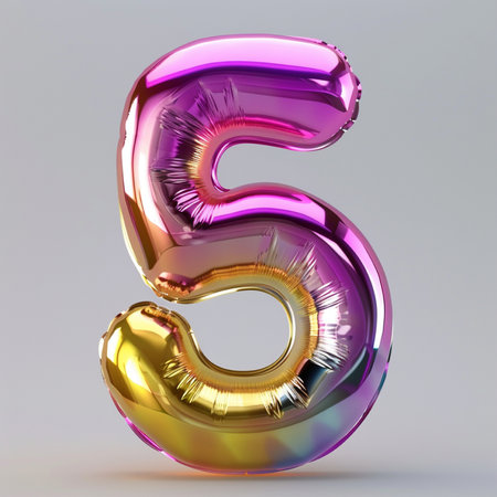 A shiny metallic balloon shaped like the number 5, featuring a gradient of pink, purple, and gold hues, illuminated by studio lighting against a neutral background.の素材