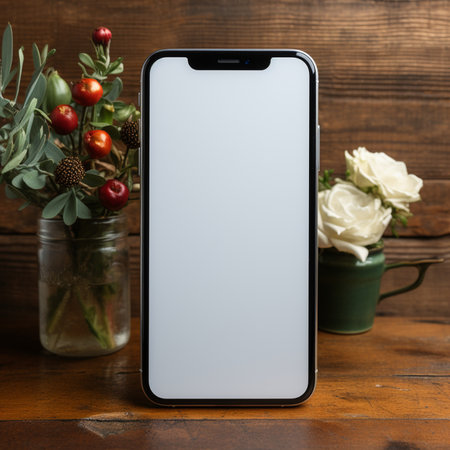 A contemporary smartphone featuring a clean, white display rests on a textured wooden surface, complemented by two decorative botanical arrangements.の素材
