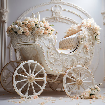 Wedding carriage decorated with white flowers. Wedding decor in vintage styleの素材