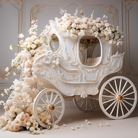 Wedding carriage decorated with white flowers. Wedding decoration. 3d renderingの素材