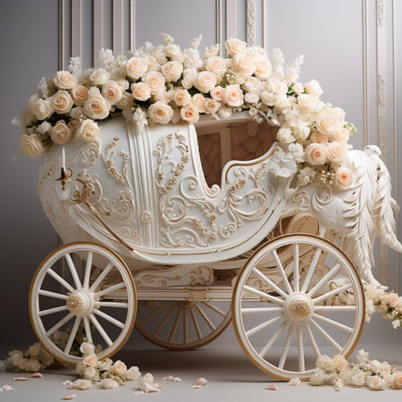 An exquisitely decorated white carriage overflowing with lush cream roses and intricate floral designs, evoking a sense of luxury and romance.の素材