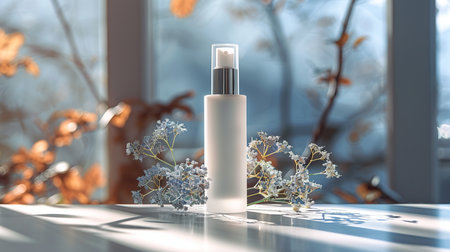 Cosmetic bottle mockup on white table in sunlight. 3D renderingの素材
