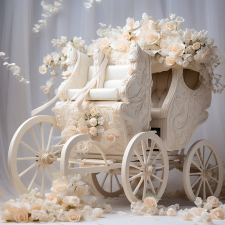 Wedding carriage with bouquet of white flowers. Wedding decorationの素材