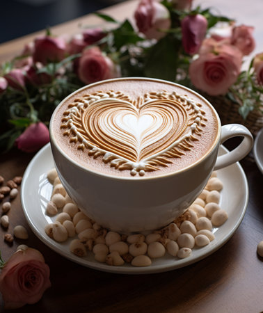 Cup of coffee latte art with heart shape on milk foamの素材