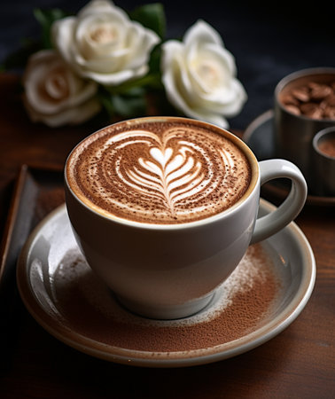 Cup of cappuccino with latte art on wooden backgroundの素材