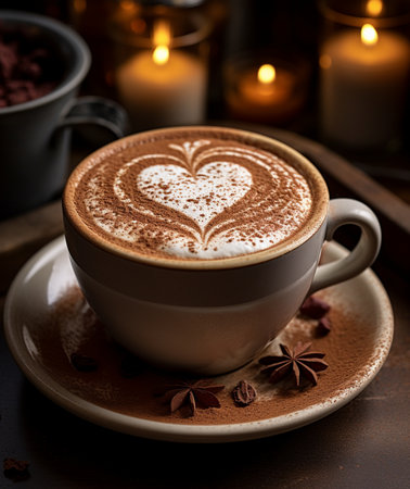 Cup of cappuccino with heart shape on foam.の素材