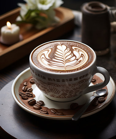 Coffee cup with latte art on wooden table, stock photoの素材