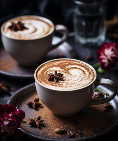 Cappuccino with cinnamon and anise on a dark backgroundの素材