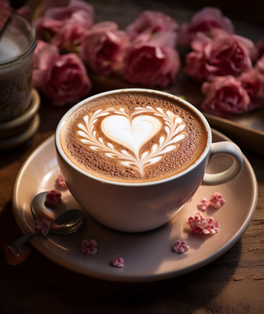 Cup of coffee latte art on wooden table with pink rosesの素材