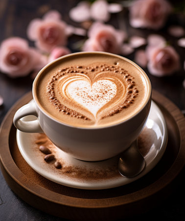 Cup of coffee with heart shape on milk foam on wooden backgroundの素材