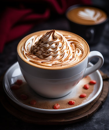 Cup of cappuccino with whipped cream on dark backgroundの素材