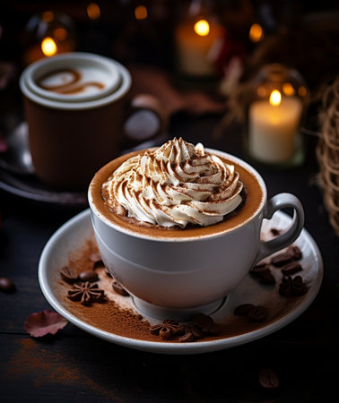 Cup of coffee with whipped cream and cocoa beans on dark backgroundの素材