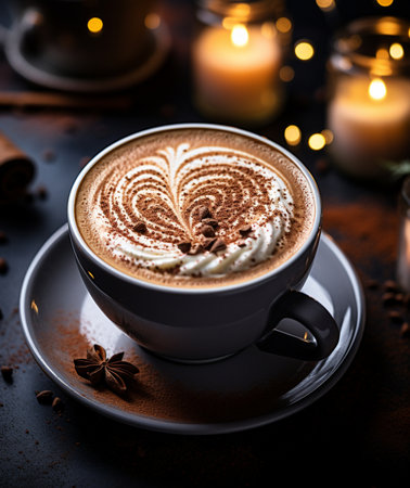 Cup of hot chocolate with whipped cream and cinnamon on dark backgroundの素材