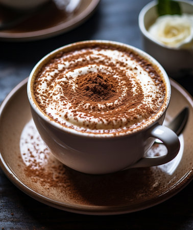 Cappuccino with whipped cream and cocoa powder in a white cupの素材