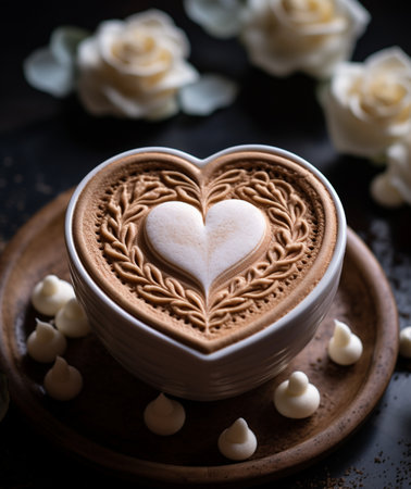 Cup of coffee with heart shape and white roses on dark backgroundの素材