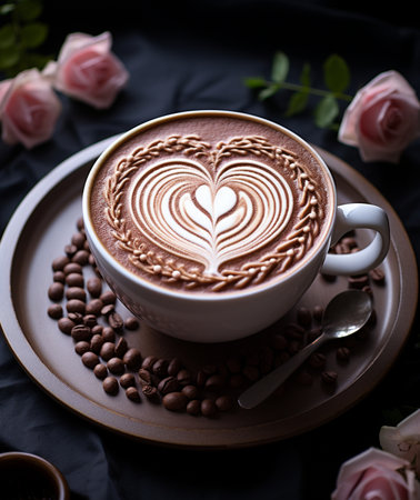 Cup of coffee with latte art on black fabric background.の素材