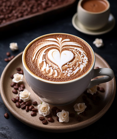 Cup of coffee latte art with heart shape on dark backgroundの素材