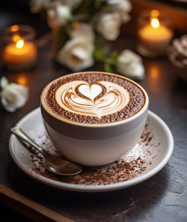 Cup of cappuccino with latte art on wooden backgroundの素材