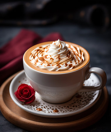 Cup of coffee with whipped cream and red rose on dark backgroundの素材