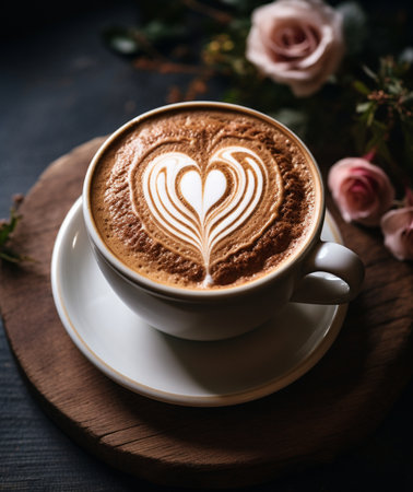 Cup of coffee latte art with heart shape on milk foamの素材
