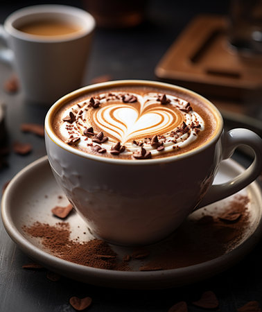 Cup of coffee with heart shape on foam and cocoa powder on dark backgroundの素材