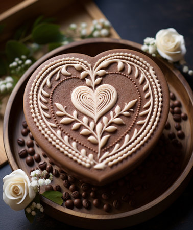 Gingerbread heart shape with white flowers on a dark background.の素材