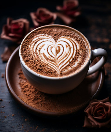 Cup of coffee with heart shape latte art on wooden backgroundの素材