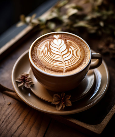 Cup of coffee with latte art on wooden table in cafeの素材
