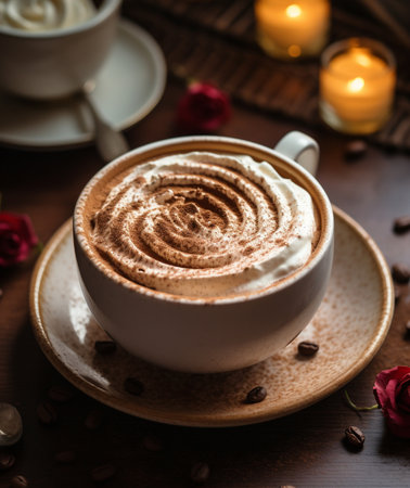 Cup of coffee with whipped cream and coffee beans on wooden tableの素材
