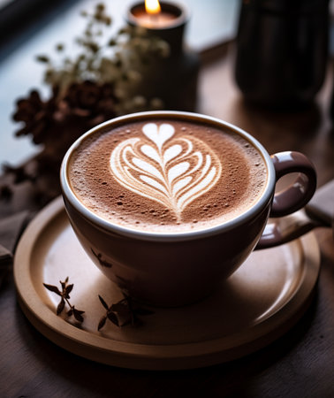 Cup of hot chocolate with latte art on wooden table.の素材