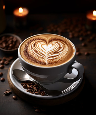 Cup of cappuccino with heart pattern on foam on wooden backgroundの素材