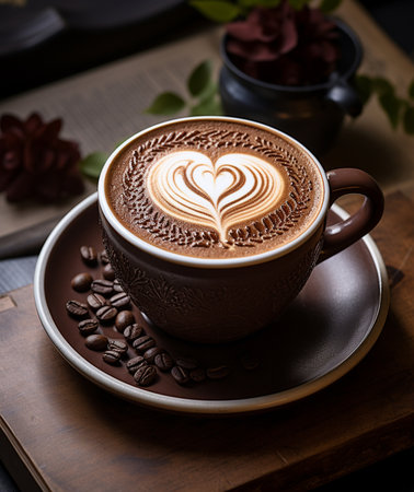 Cup of coffee with latte art on wooden table, stock photoの素材
