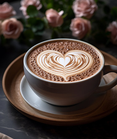 Cup of cappuccino with heart pattern on milk foamの素材