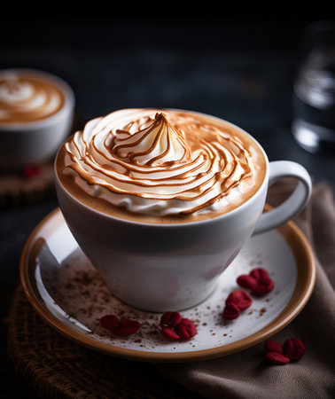 Cup of cappuccino with whipped cream on dark backgroundの素材