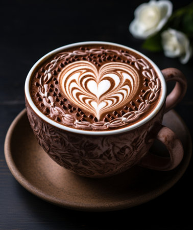 Cup of hot chocolate with heart pattern on dark wooden background.の素材