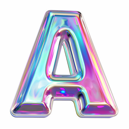 A 3D rendered letter 'A' with a vibrant iridescent and holographic chrome finish, isolated on a white background.の素材